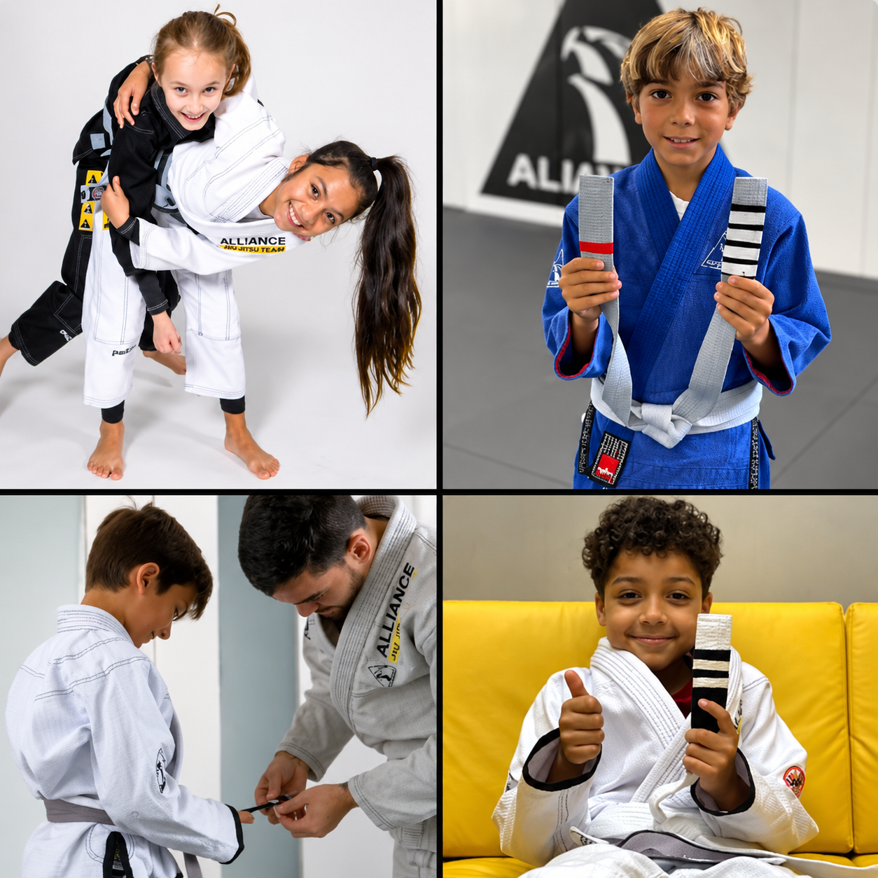 Alliance kids training, tying belts and showing their new stripes