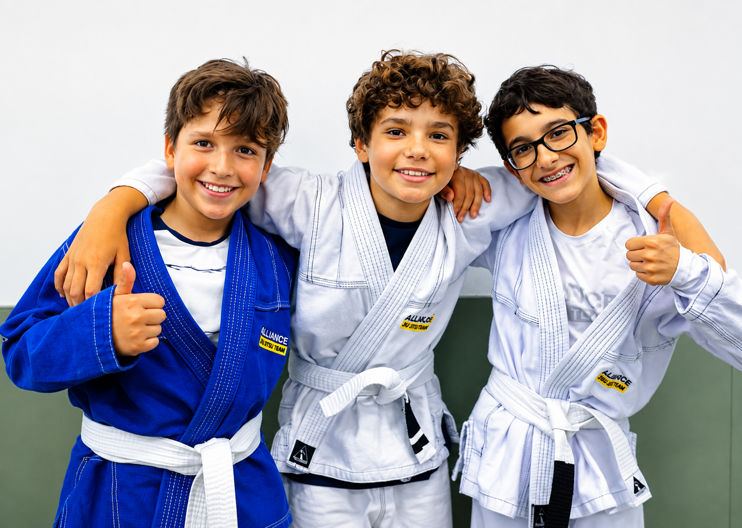 Three young Alliance students in their gis smiling together